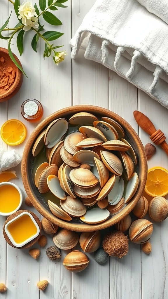 Clam infused hair treatment ingredients on a spa table, including clams, coconut oil, honey, and lemon.